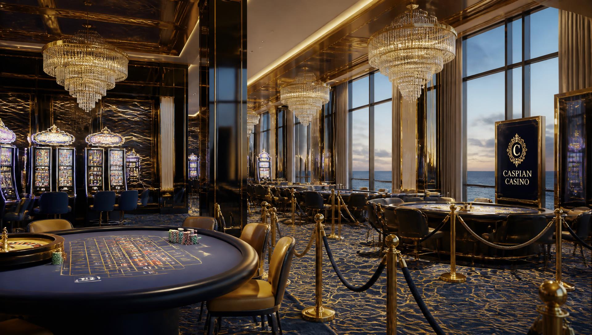 Sea Breeze Casino gaming floor with slot machines, roulette and blackjack tables overlooking the Caspian Sea